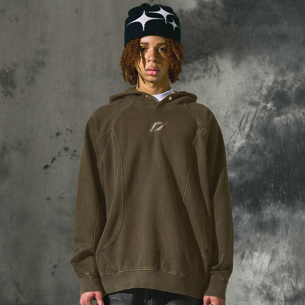 23FW [Heavy Cotton] Pigment Washing Puzzle Embroidered Hoodie_Brown