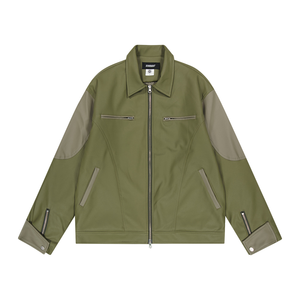 23FW [2WAY] Cropped Distressed Leather Jacket_Khaki Olive